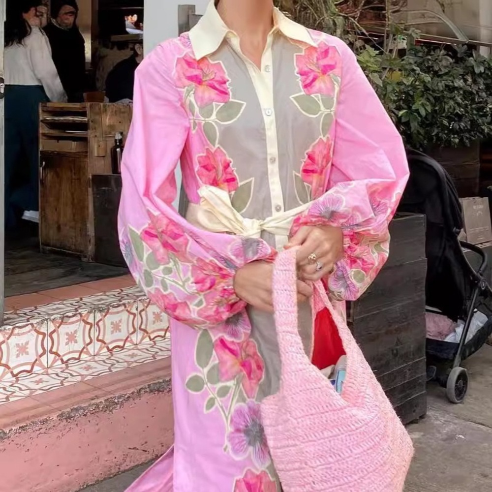 Zimmermann Pink Floral Long Shirt Dress with Tie Waist - Picture 4 of 5